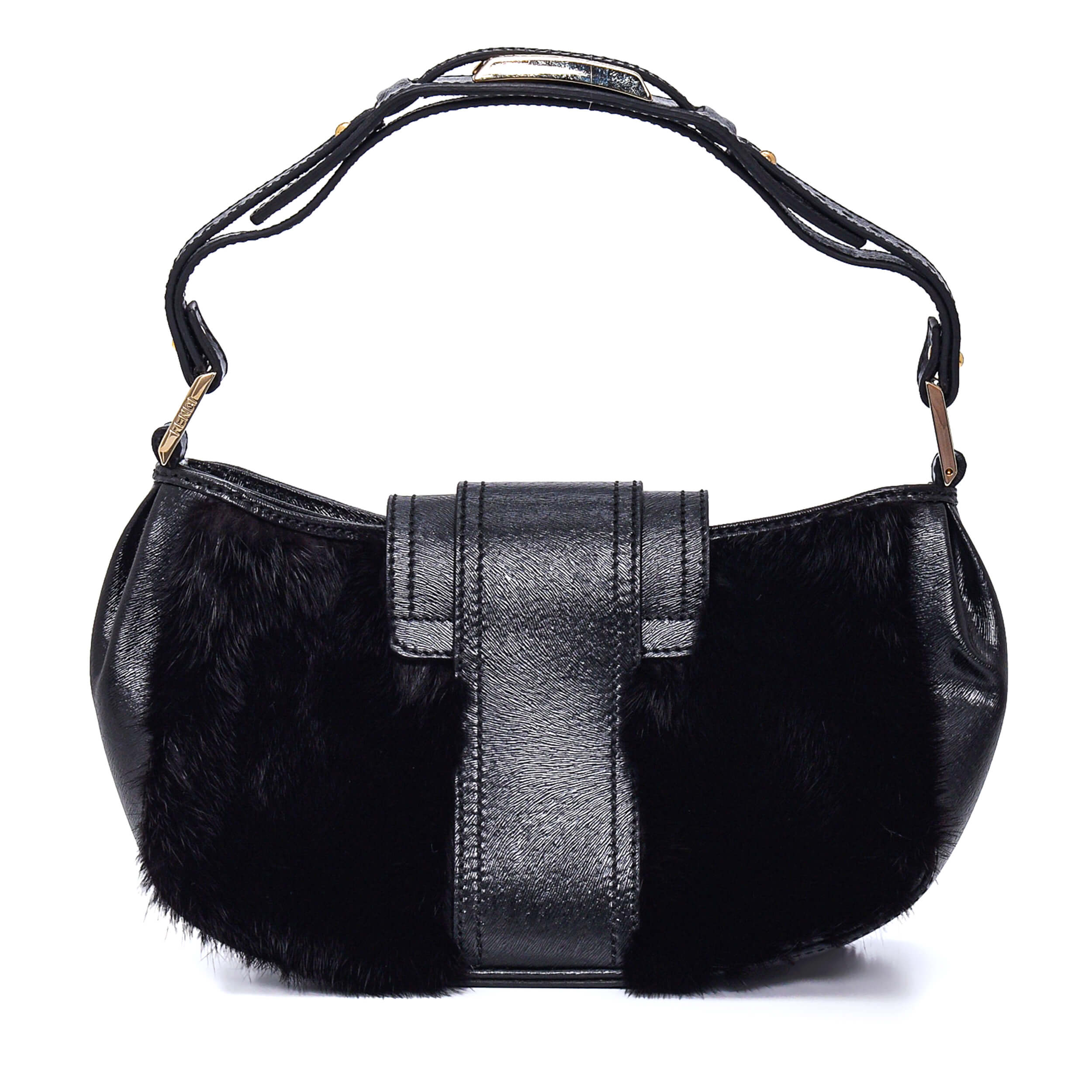 Fendi - Black Leather&Fur Fendi Plaka Baguette Bag